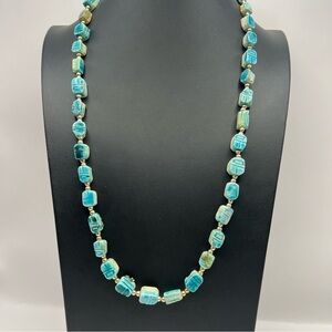 Vintage Egyptian Revival Turquoise Scarab Necklace Carved Clay Gold Tone Spacers